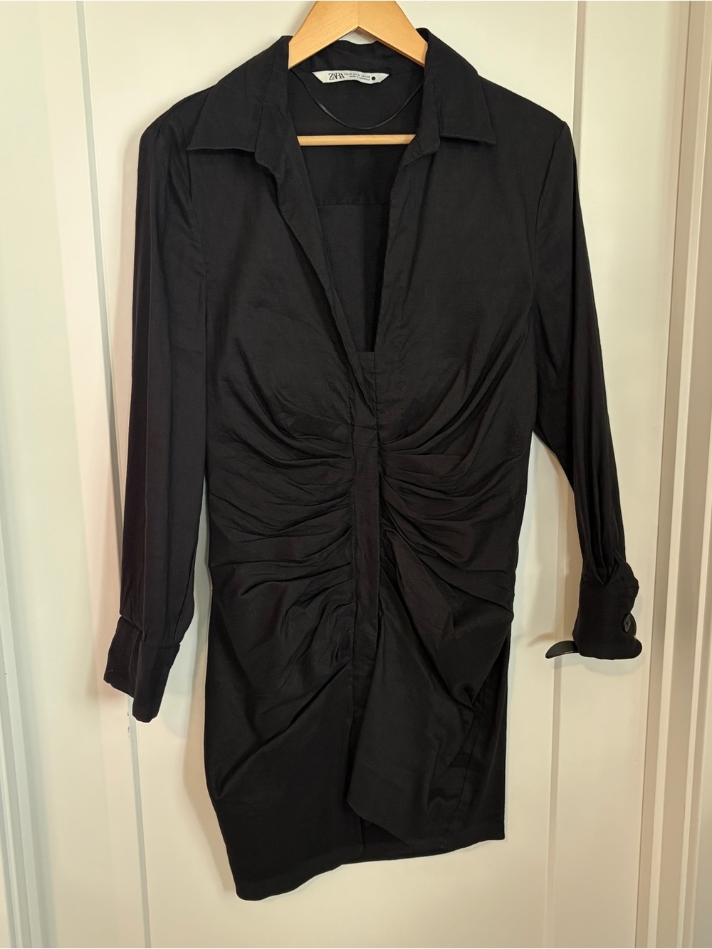 Zara Black Long Sleeve Ruched Front Dress - Linen Blend